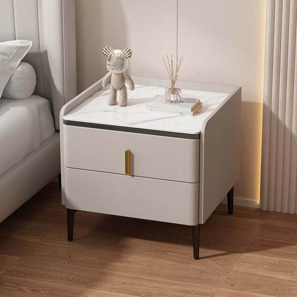 Modern White Stone Top Storage Nightstand — White