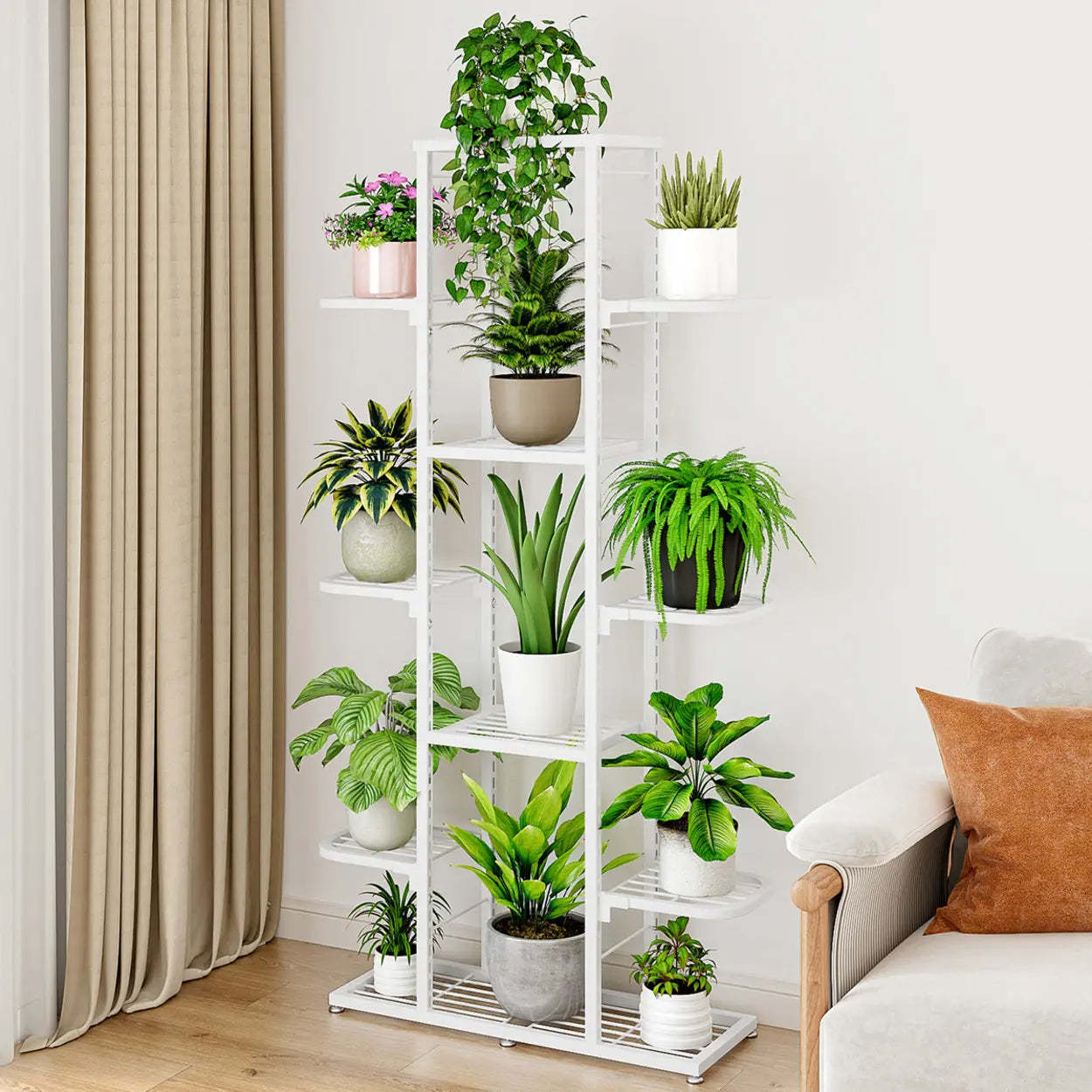 Modern White Multi-Level Metal Plant Stand — Dark Gray