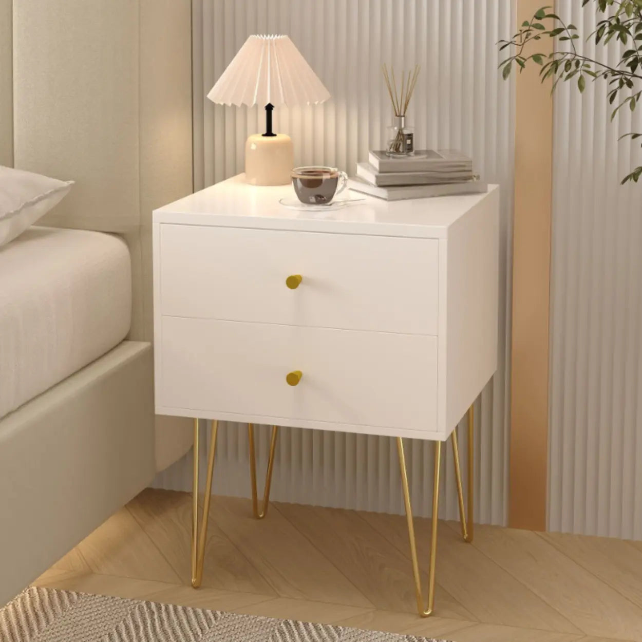 Modern White Nightstand with Gold Legs