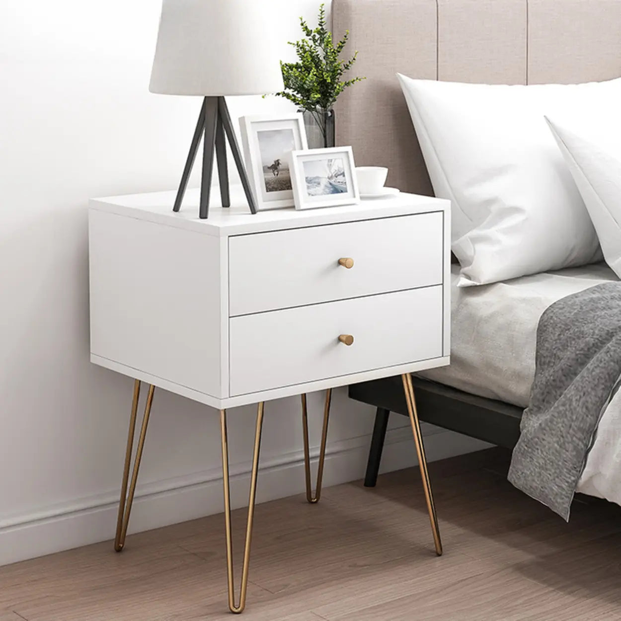 Modern White Nightstand with Gold Legs — White / 2