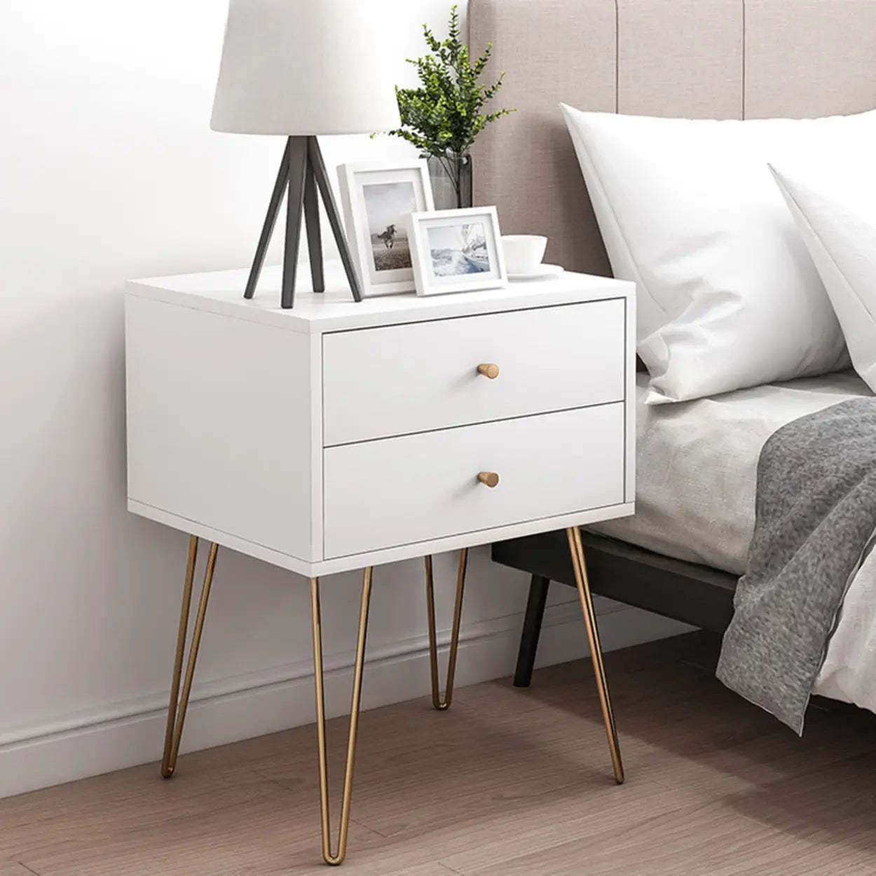 Modern White Nightstand with Gold Legs — White / 2