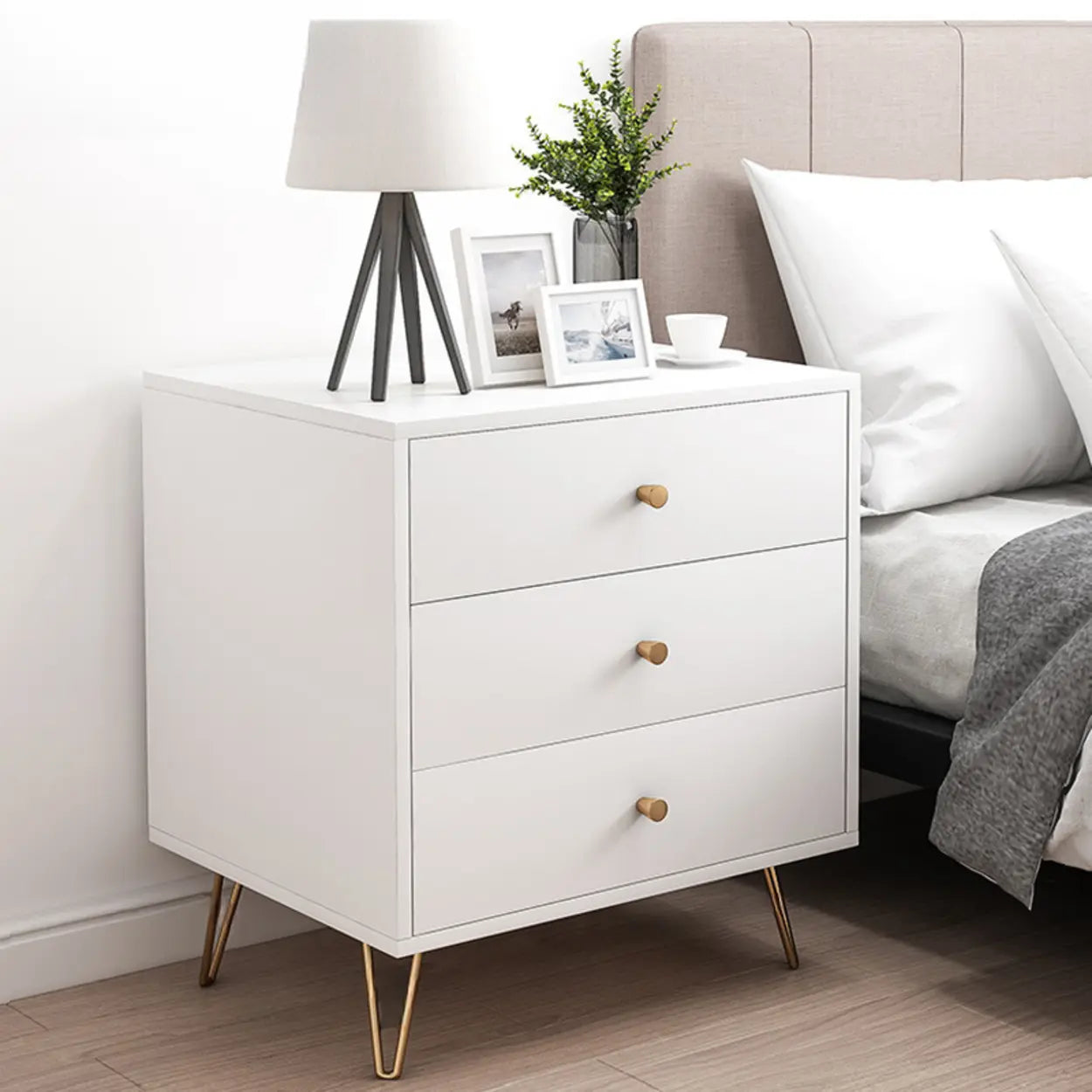 Modern White Nightstand with Gold Legs — White / 3