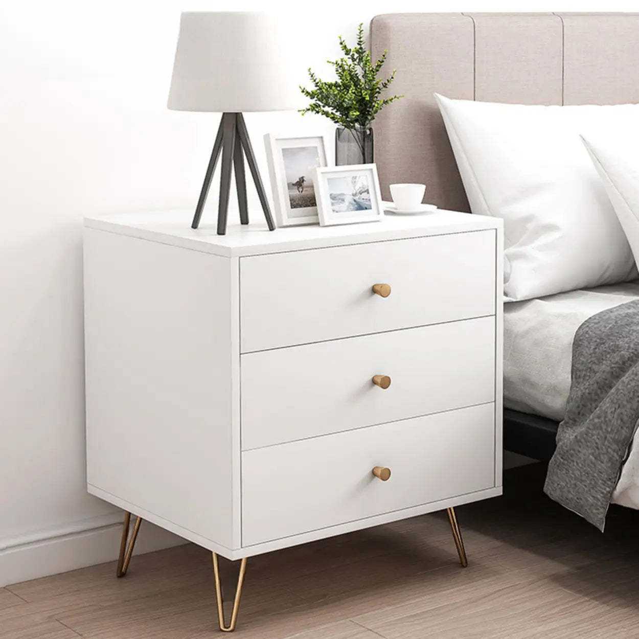 Modern White Nightstand with Gold Legs — White / 3