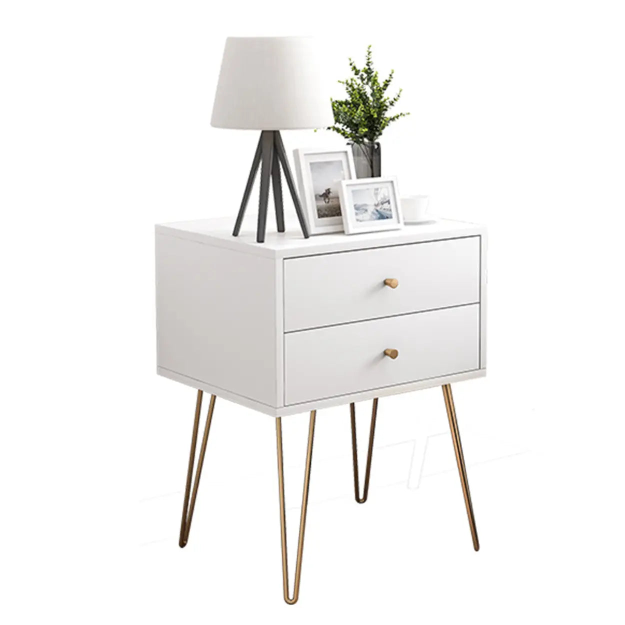 Modern White Nightstand with Gold Legs — Natural Finish / 1