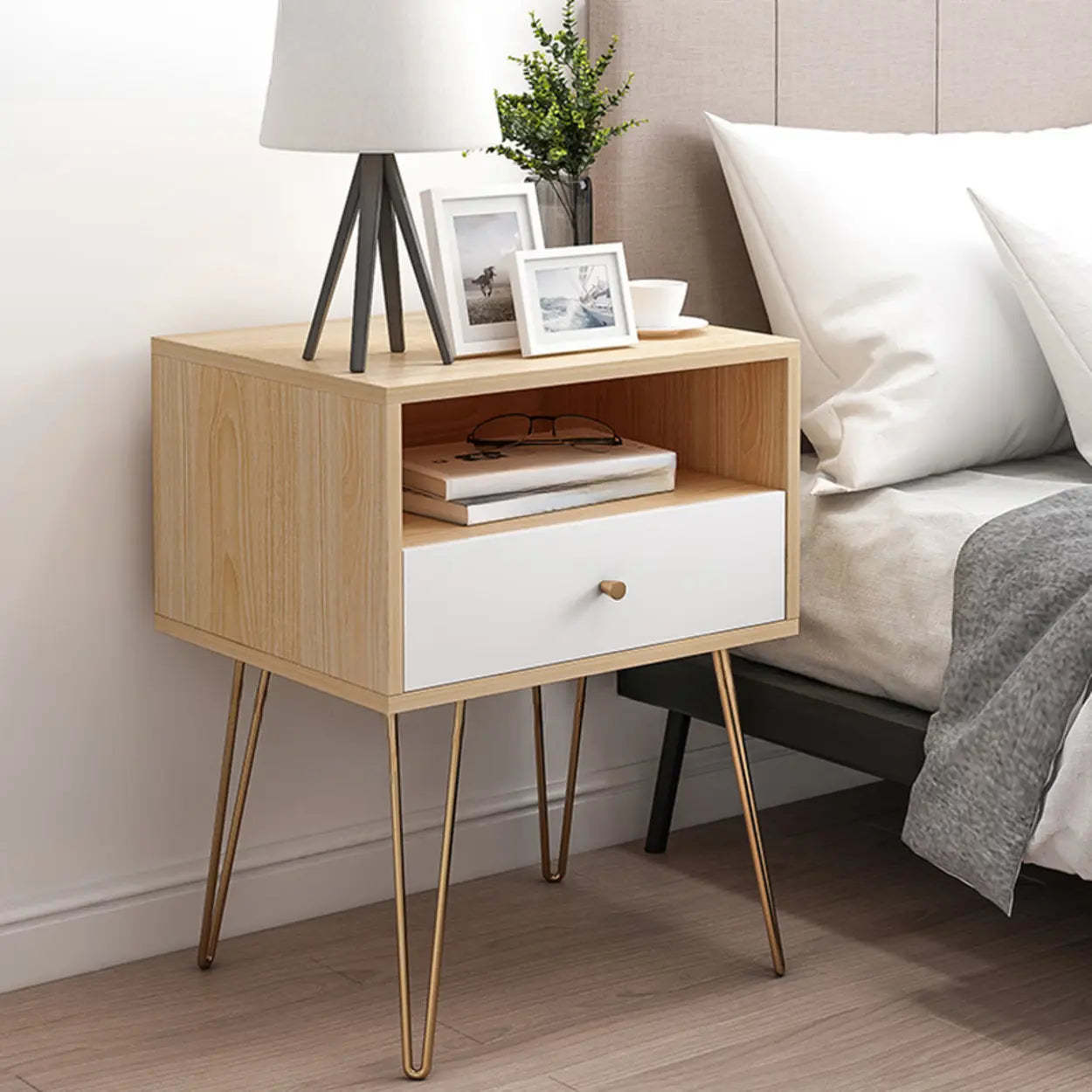 Modern White Nightstand with Gold Legs — Natural Finish / 2