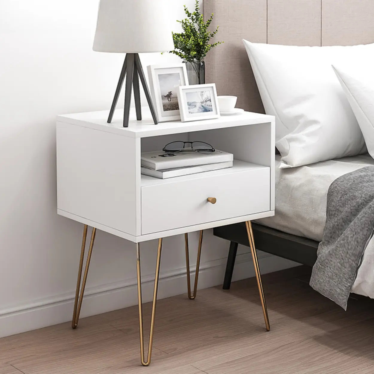 Modern White Nightstand with Gold Legs
