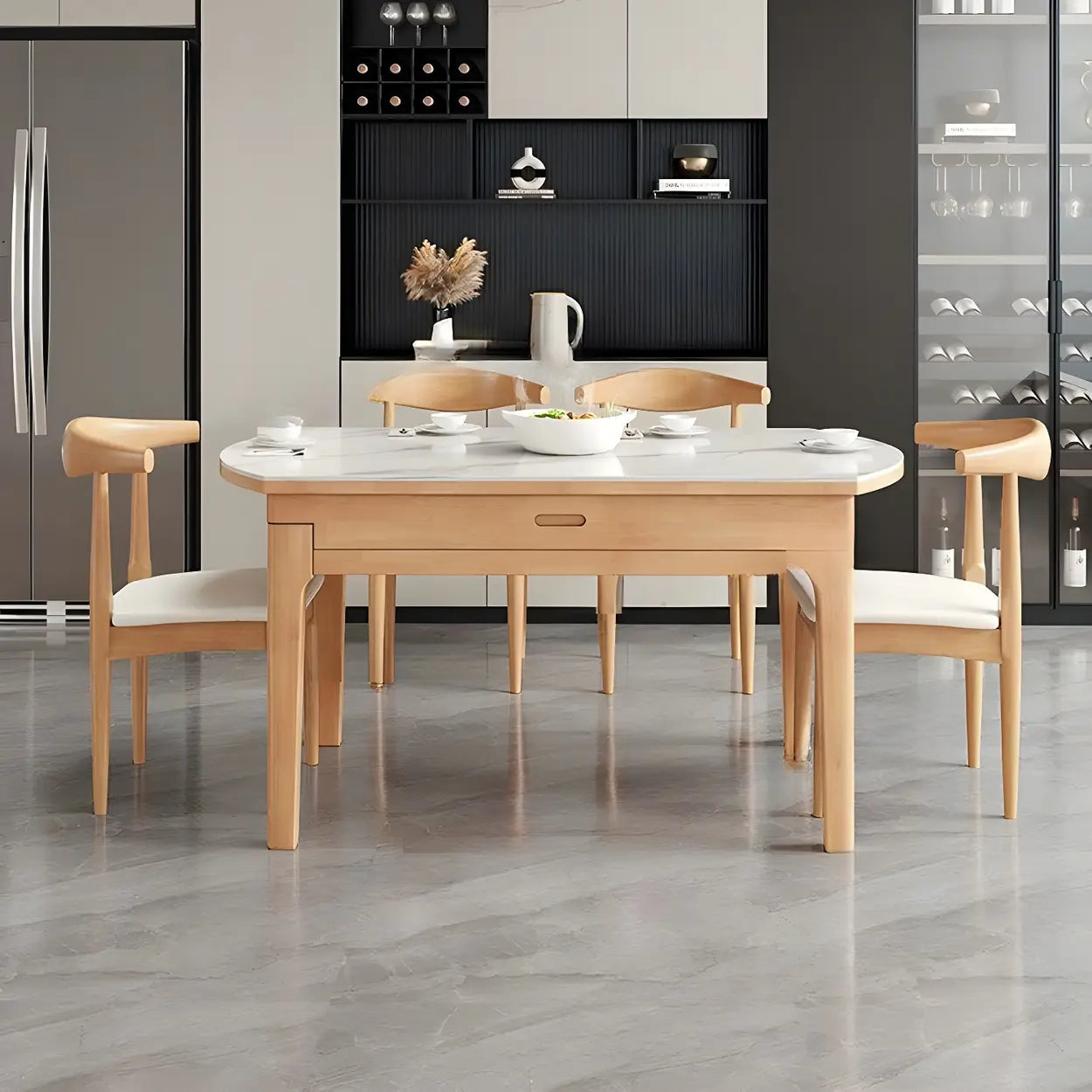 Modern White Oval Marble Self-Storing Dining Table — Table Only