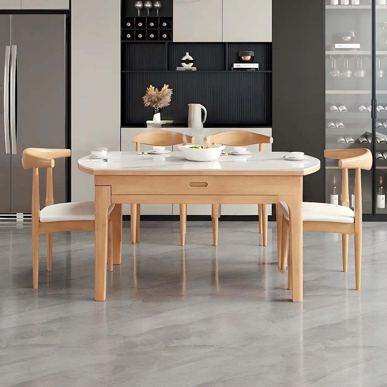 Modern White Oval Marble Self-Storing Dining Table — Table Only