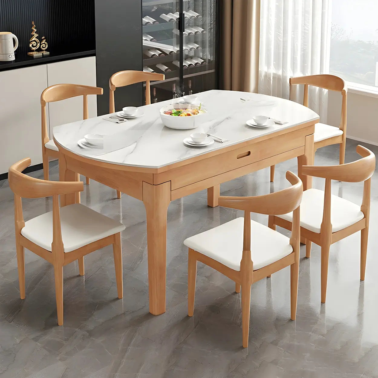 Modern White Oval Marble Self-Storing Dining Table — Table Only