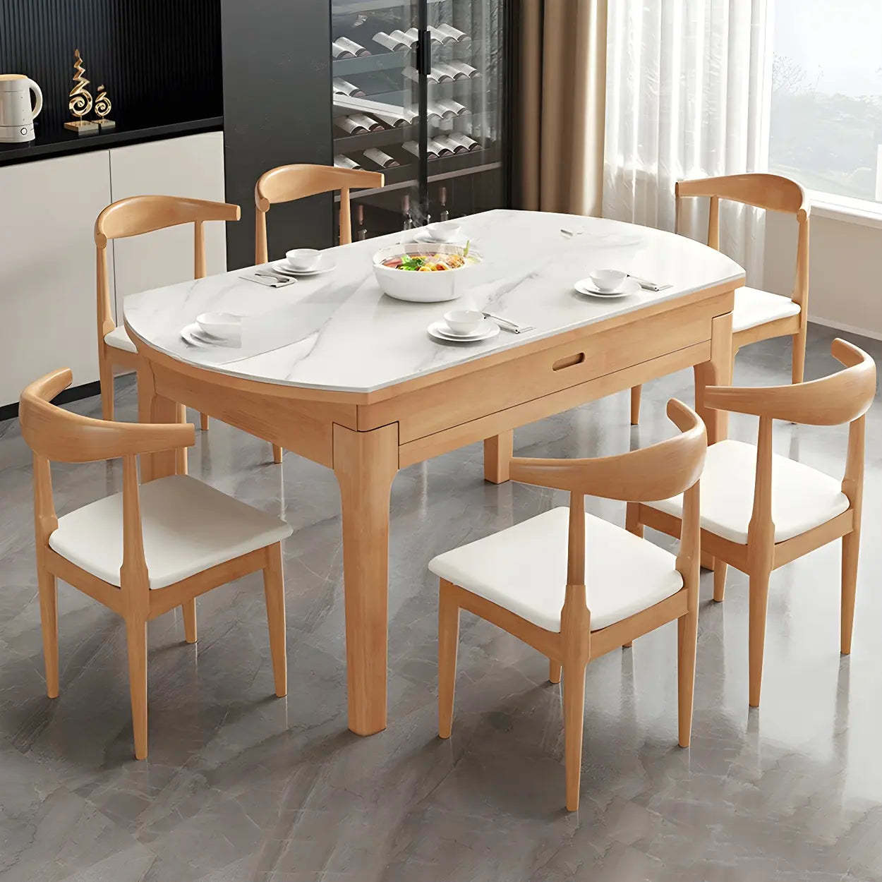 Modern White Oval Marble Self-Storing Dining Table — Table Only