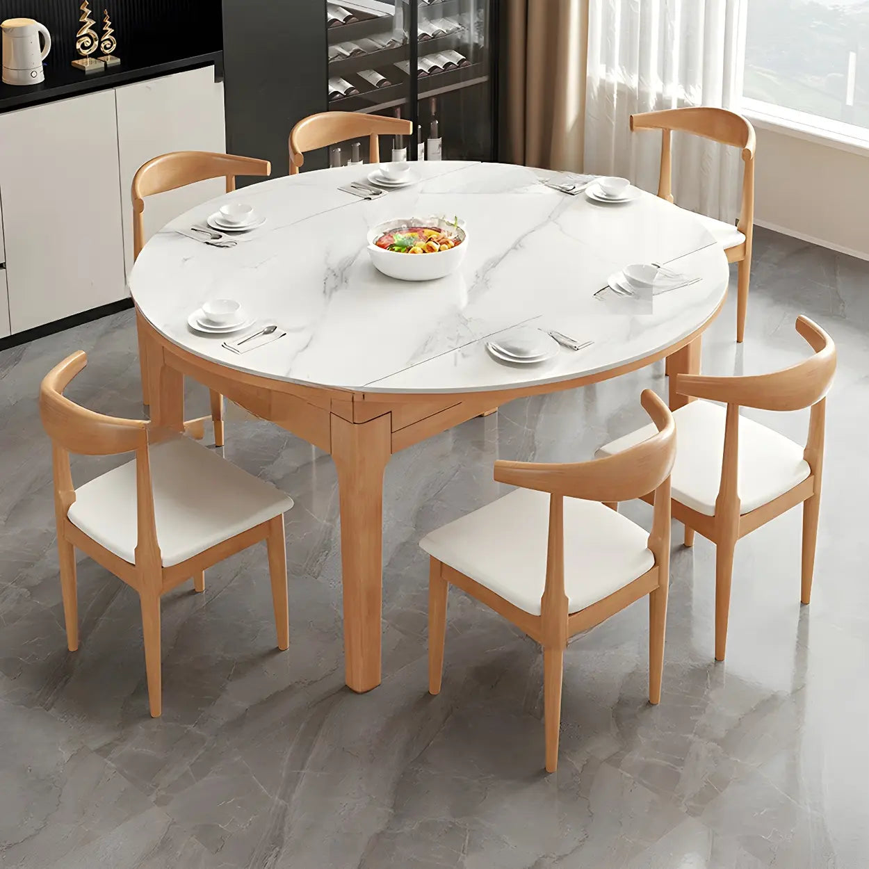 Modern White Oval Marble Self-Storing Dining Table