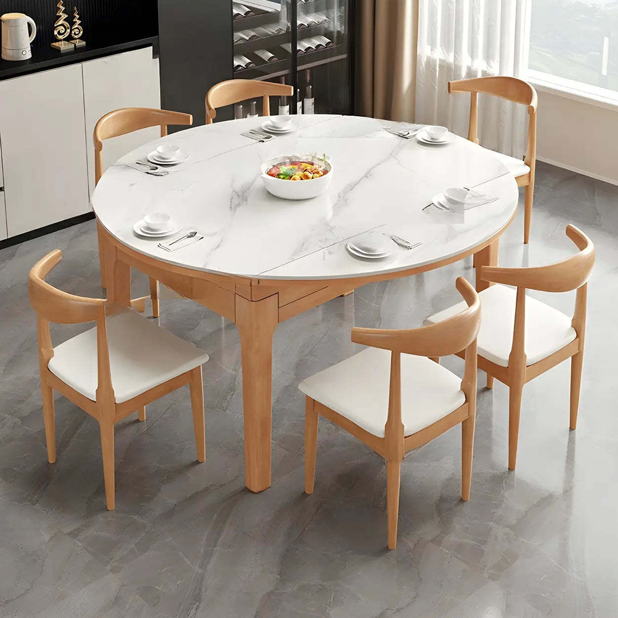 Modern White Oval Marble Self-Storing Dining Table