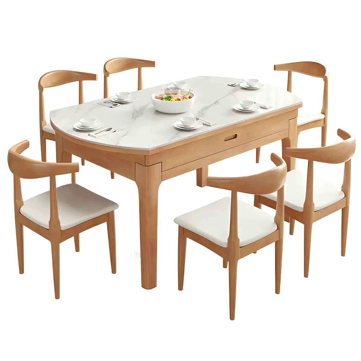 Modern White Oval Marble Self-Storing Dining Table