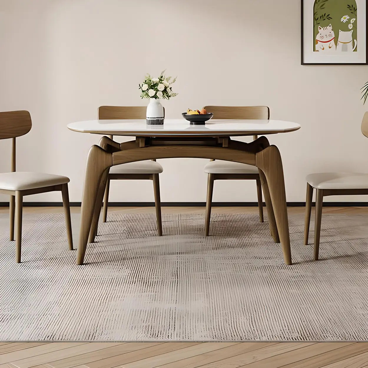 Modern White Oval Stone Extendable Dining Table — Wood / Table Only