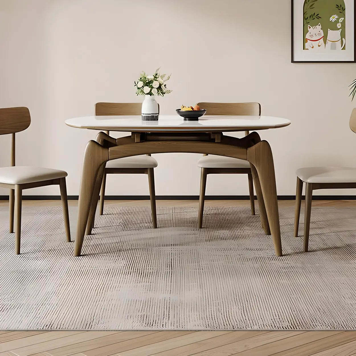 Modern White Oval Stone Extendable Dining Table — Wood / Table Only