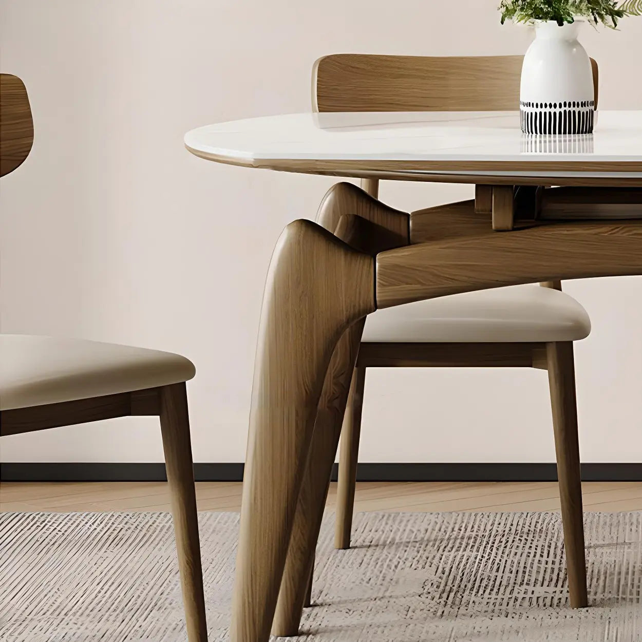 Modern White Oval Stone Extendable Dining Table — Walnut / Table Only