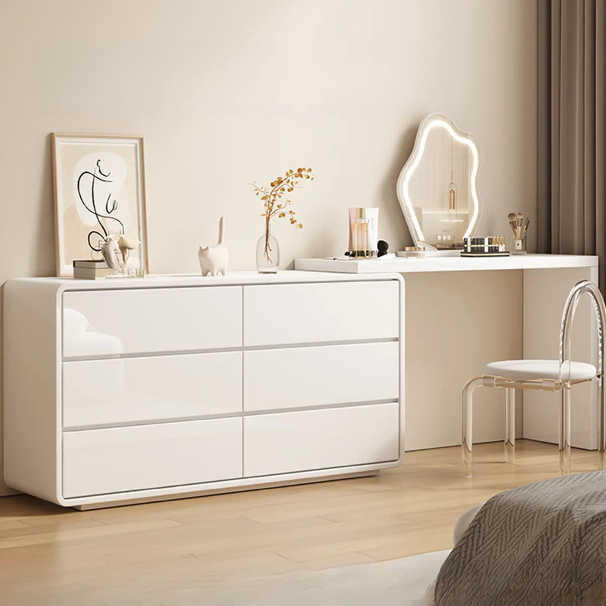Modern White Polymer Mirror Drawer Sliding Vanity Set
