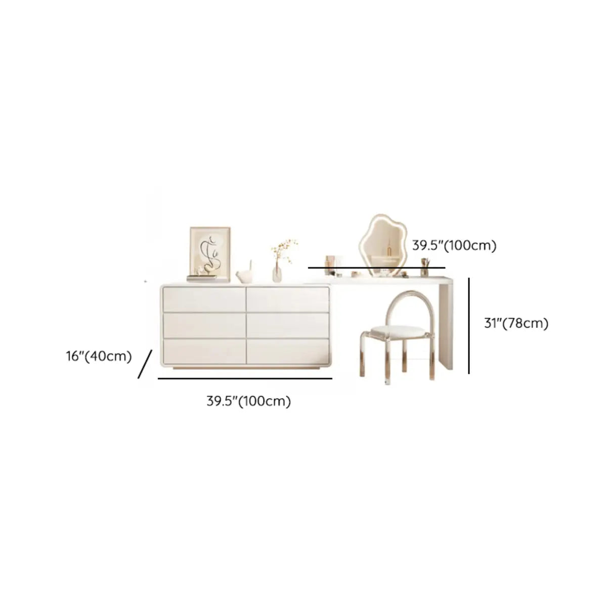 Modern White Polymer Mirror Drawer Sliding Vanity Set