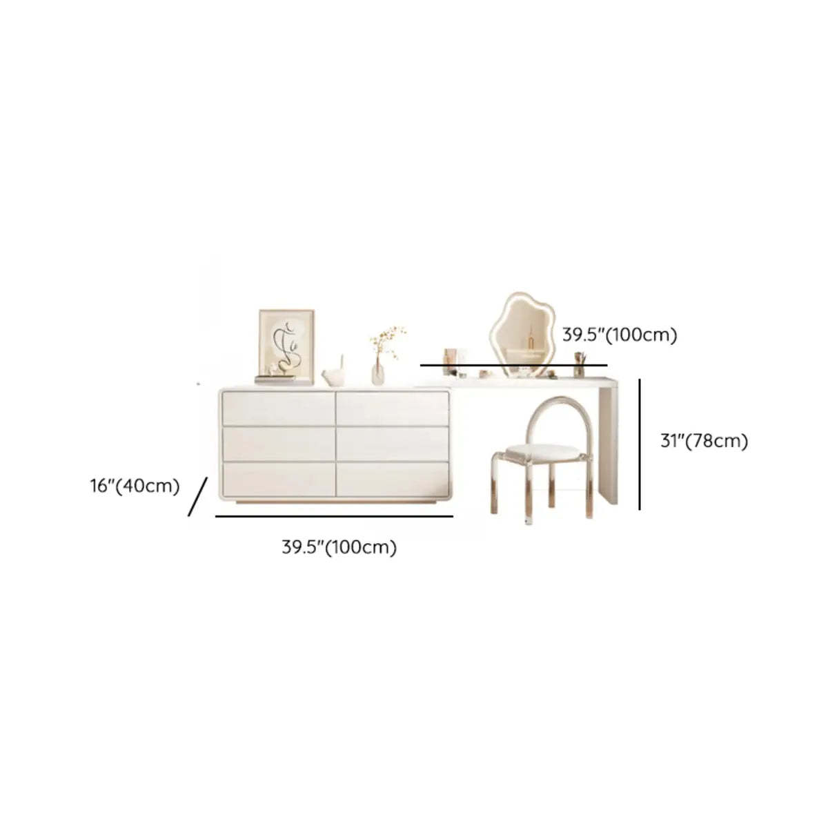 Modern White Polymer Mirror Drawer Sliding Vanity Set