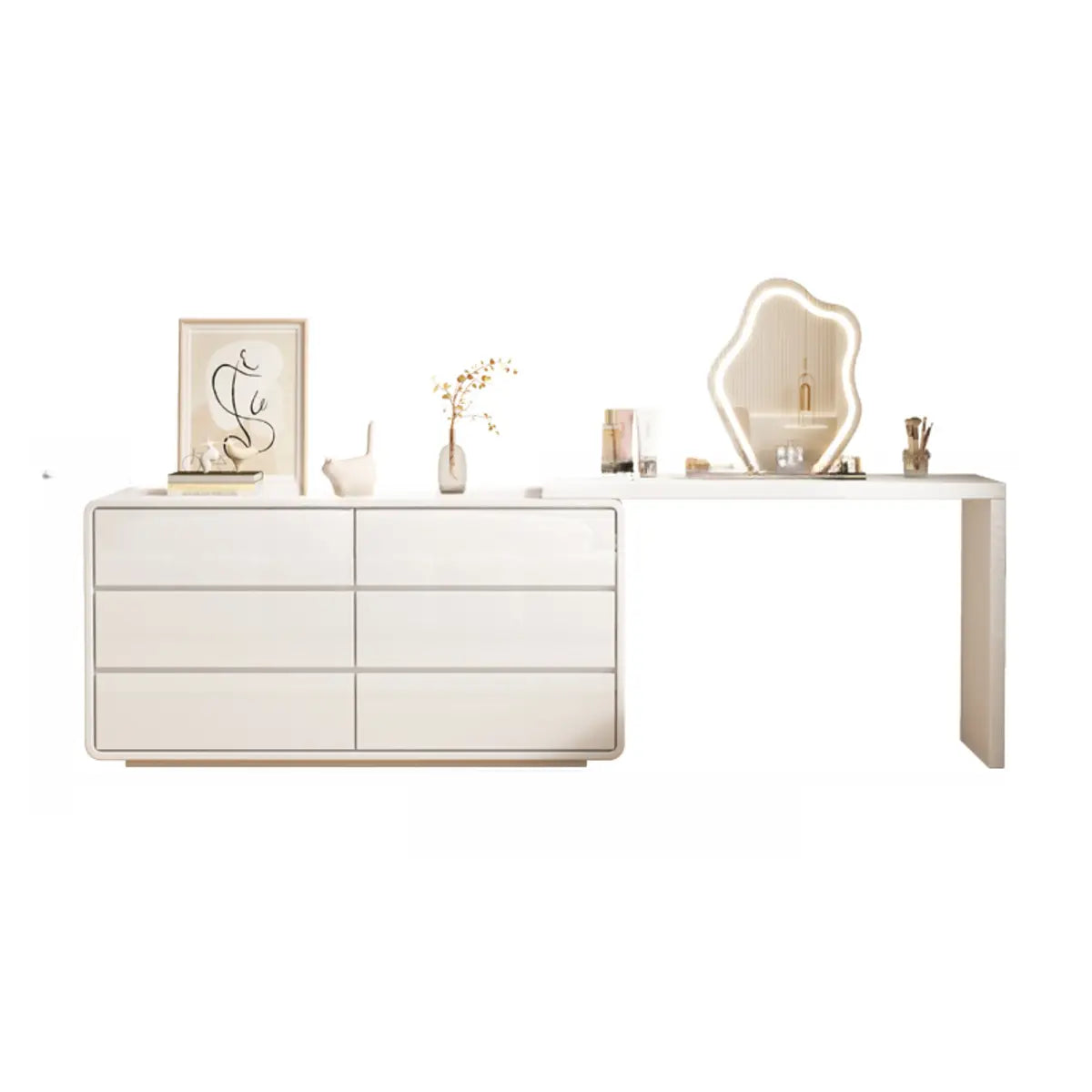 Modern White Polymer Mirror Drawer Sliding Vanity Set