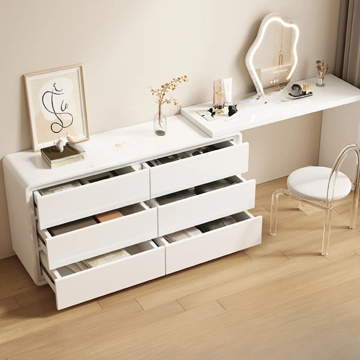 Modern White Polymer Mirror Drawer Sliding Vanity Set