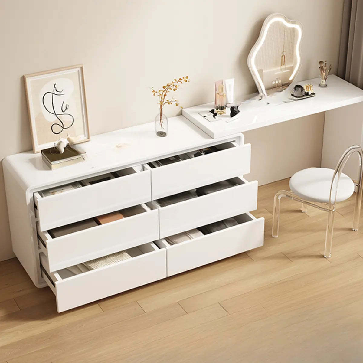 Modern White Polymer Mirror Drawer Sliding Vanity Set