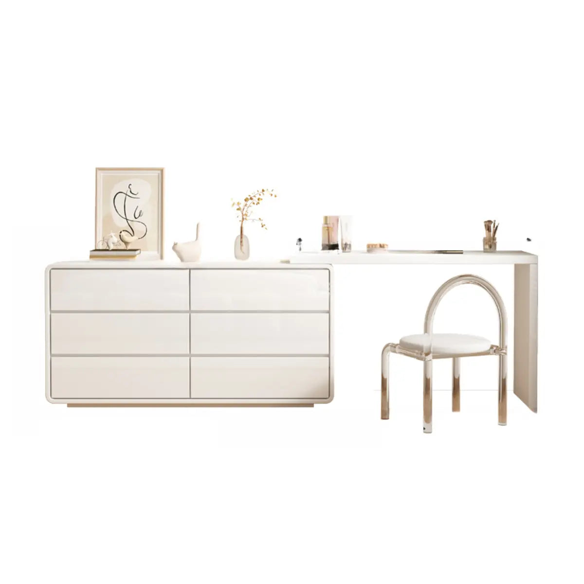 Modern White Polymer Mirror Drawer Sliding Vanity Set