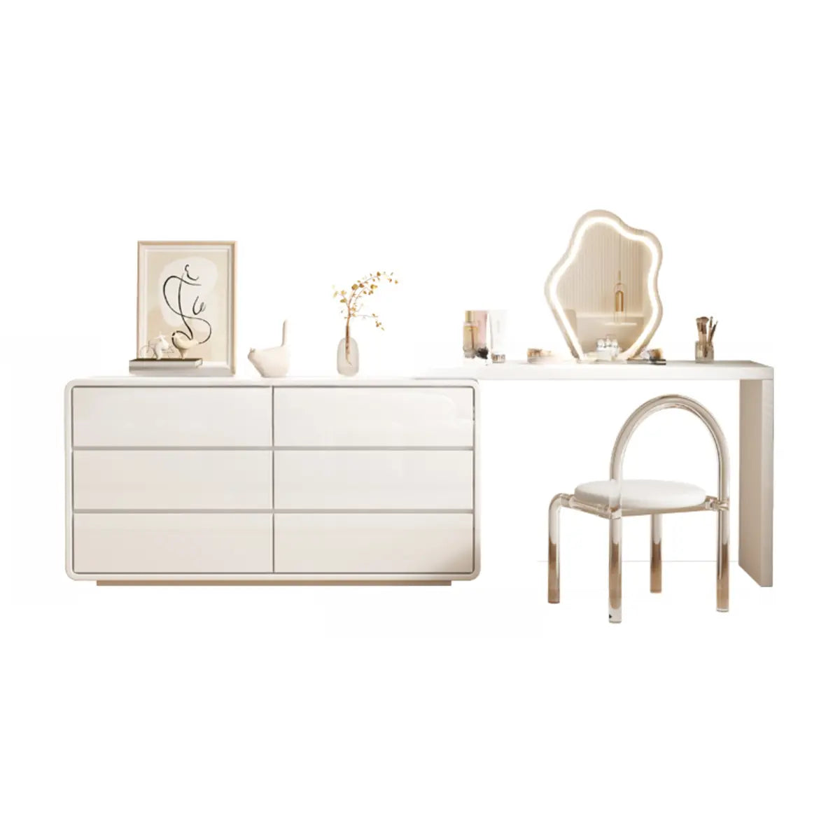 Modern White Polymer Mirror Drawer Sliding Vanity Set