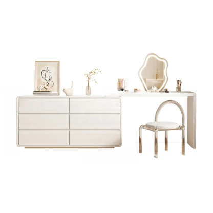 Modern White Polymer Mirror Drawer Sliding Vanity Set