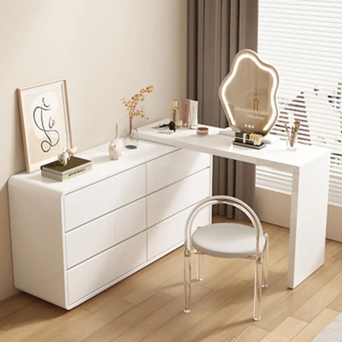 Modern White Polymer Mirror Drawer Sliding Vanity Set