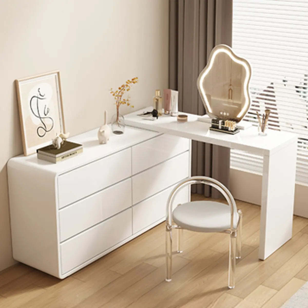 Modern White Polymer Mirror Drawer Sliding Vanity Set