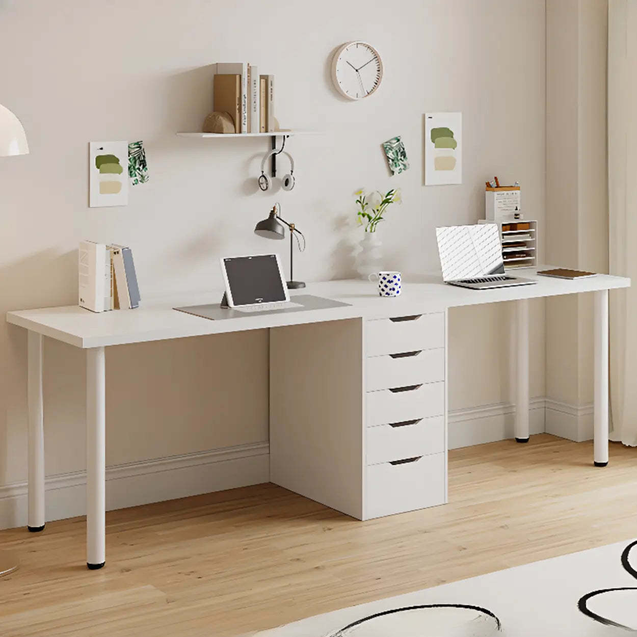 Modern drawer soft-close white desks, Lighom — 110"L x 20"W x 29"H