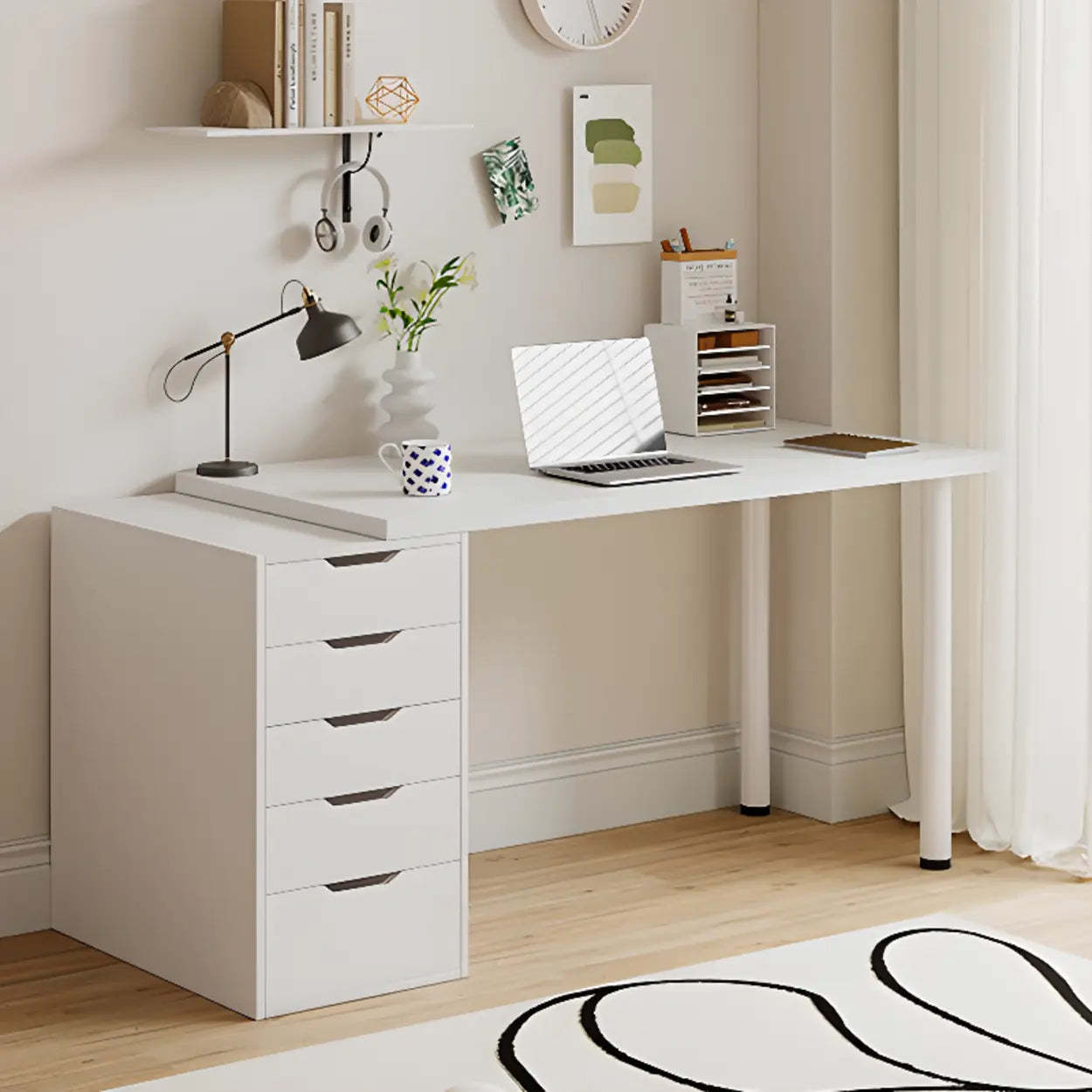 Modern White Soft-Close Drawer Computer Desk — Without Chairs