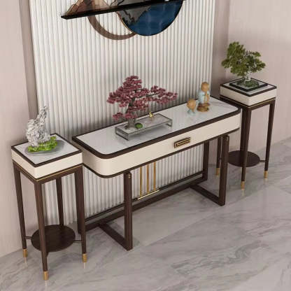 Modern White Rectangular Marble Console Table with Drawer