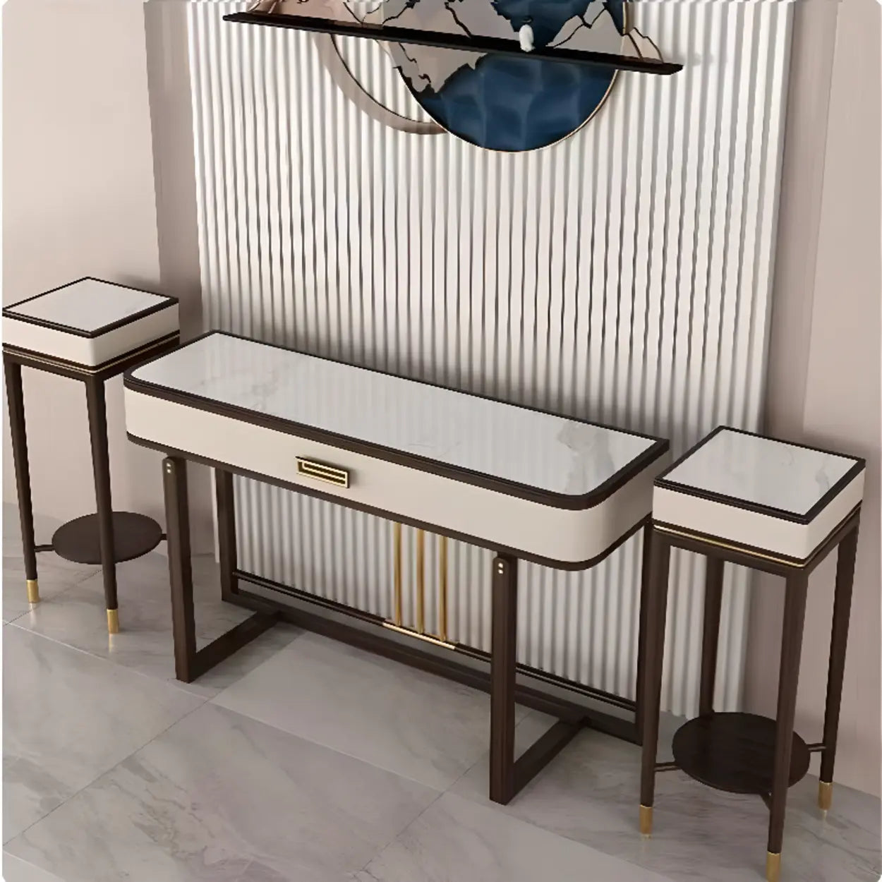 Modern White Rectangular Marble Console Table with Drawer