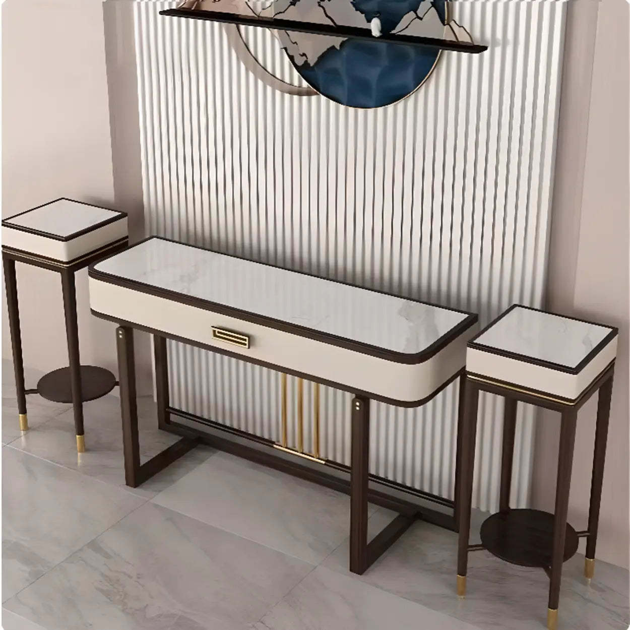 Modern White Rectangular Marble Console Table with Drawer