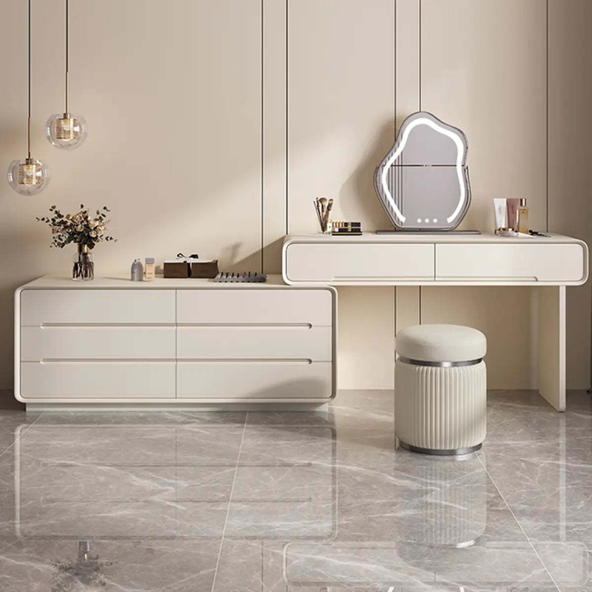 Modern White Scalable Makeup Vanity with Drawers — Morandi Gray / Fingerprint Lock