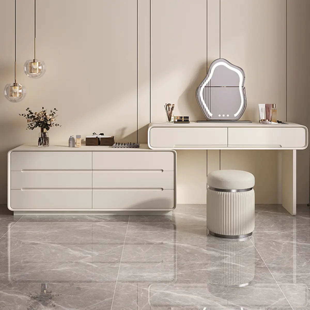 Modern White Scalable Makeup Vanity with Drawers — Morandi Gray / Fingerprint Lock