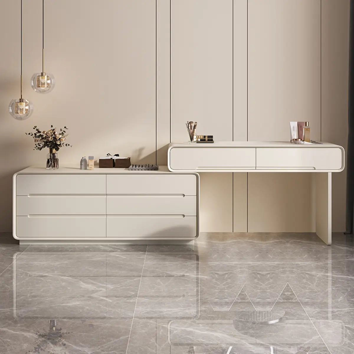 Modern White Scalable Makeup Vanity with Drawers — Morandi Gray / Normal