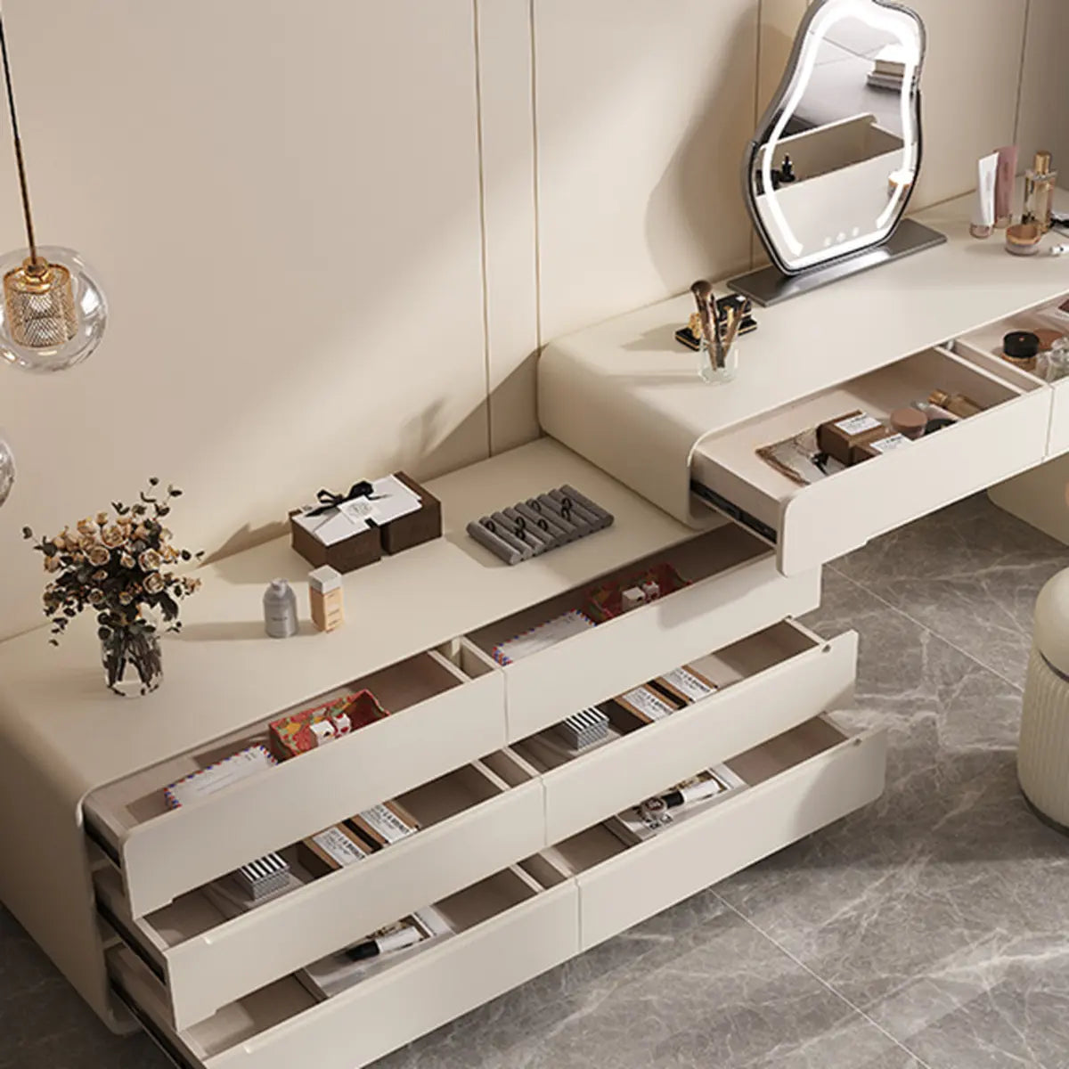 Modern White Scalable Makeup Vanity with Drawers — White / Normal