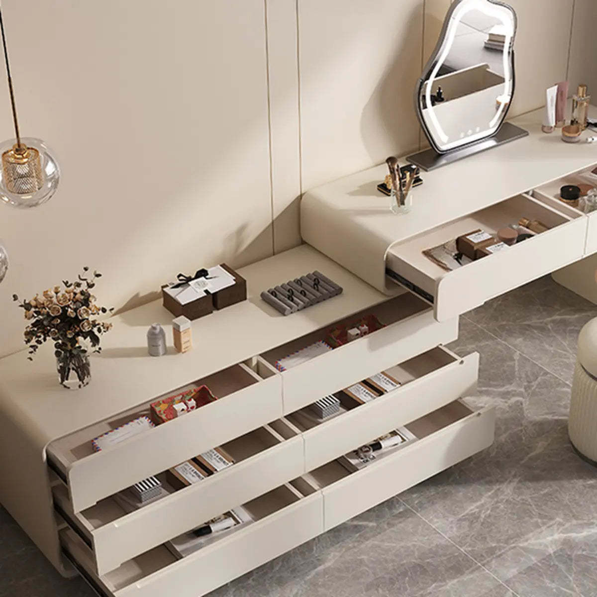 Modern White Scalable Makeup Vanity with Drawers — White / Normal