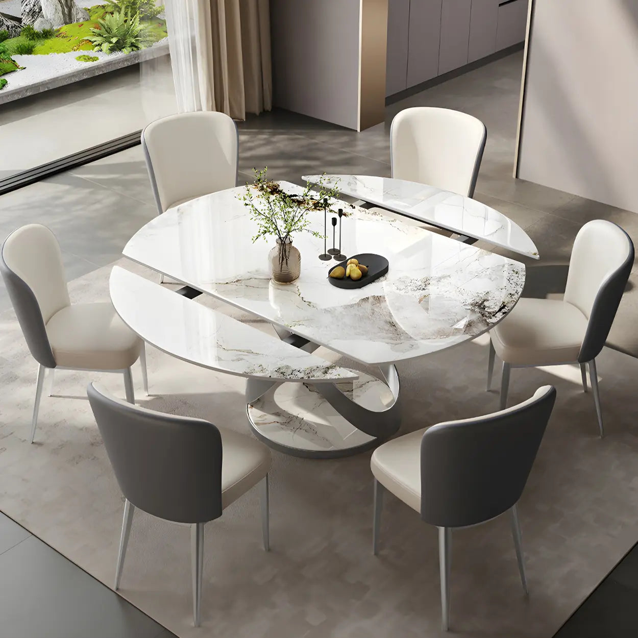 Modern White Round Marble Extendable Dining Table