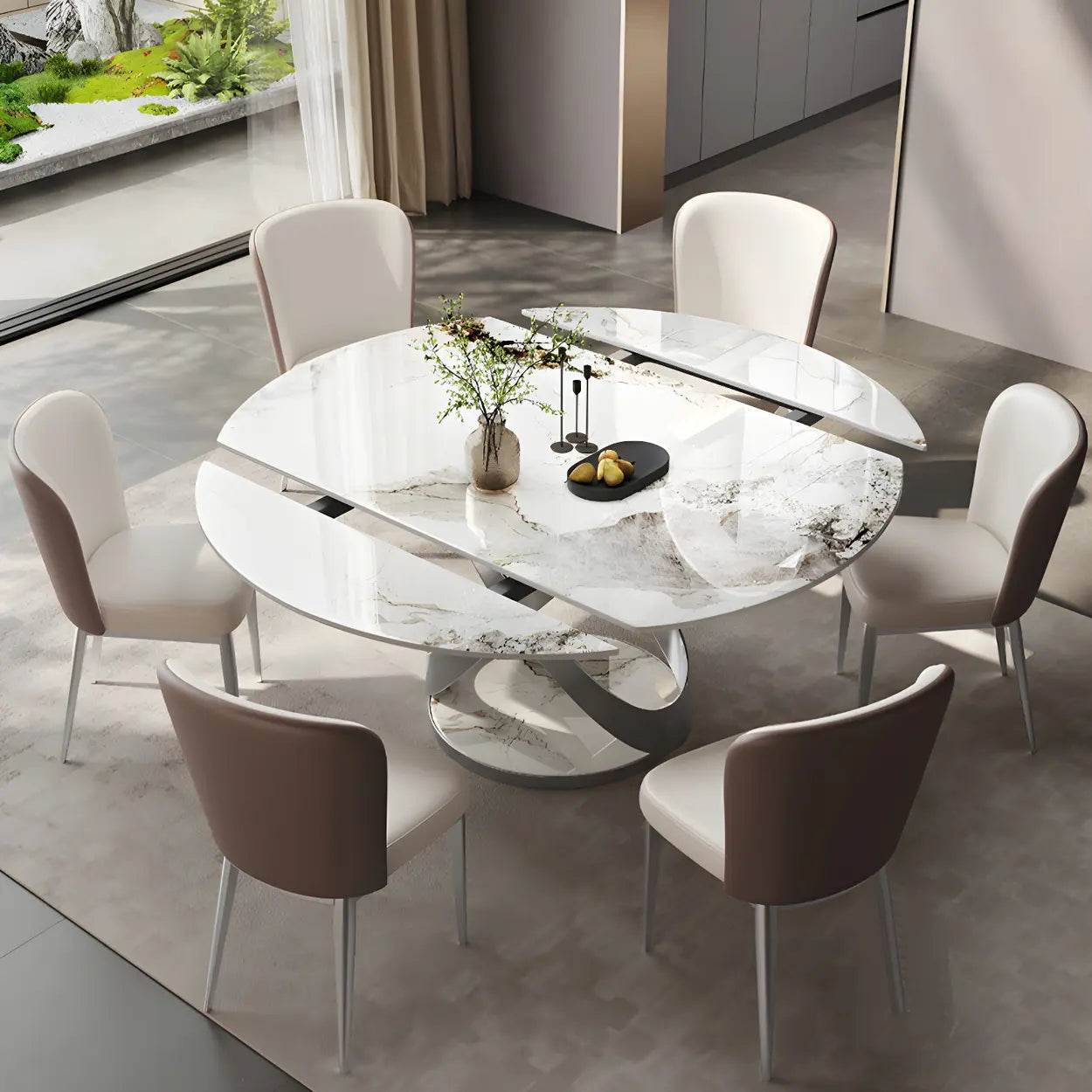 Modern White Round Marble Extendable Dining Table — Table Only