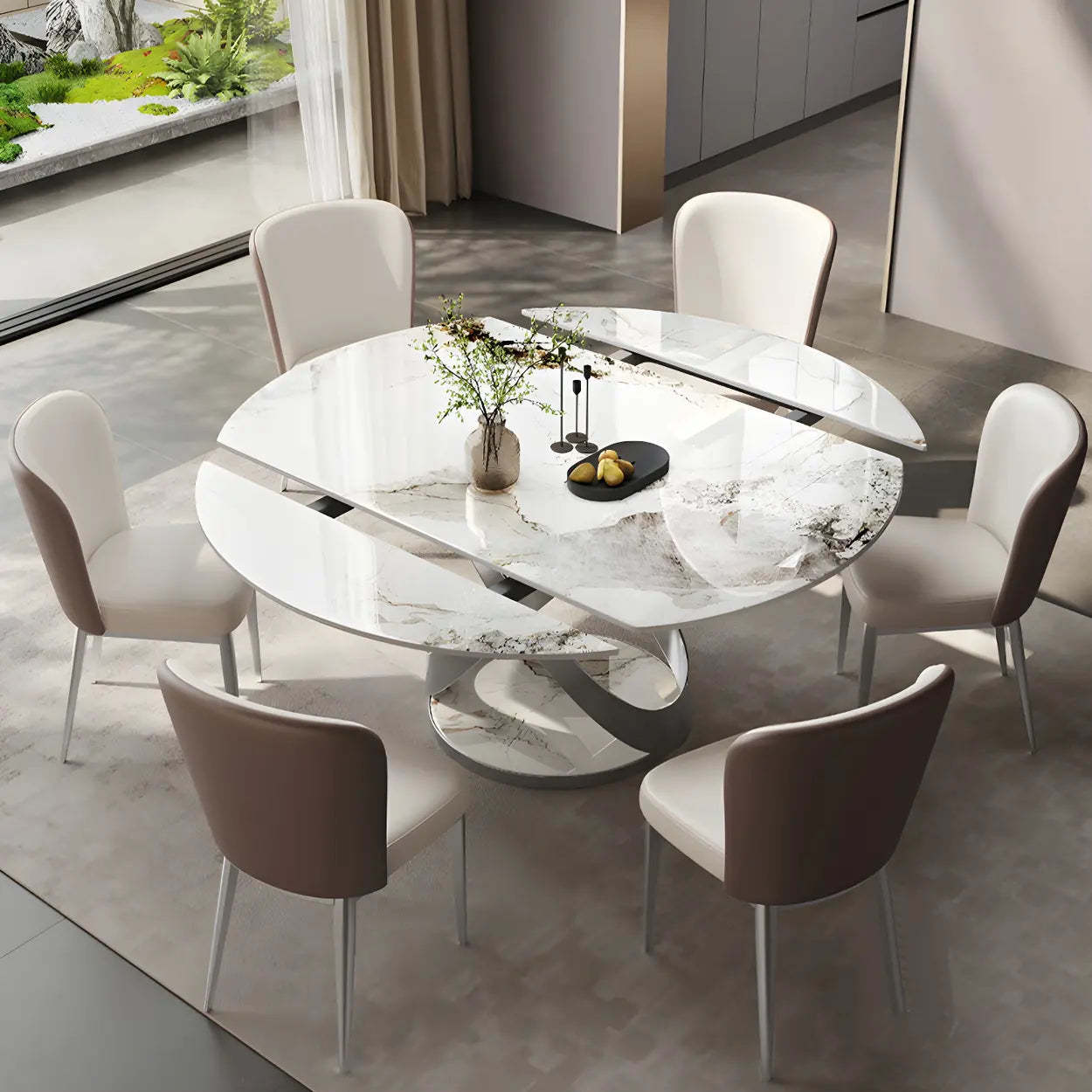 Modern White Round Marble Extendable Dining Table — Table Only