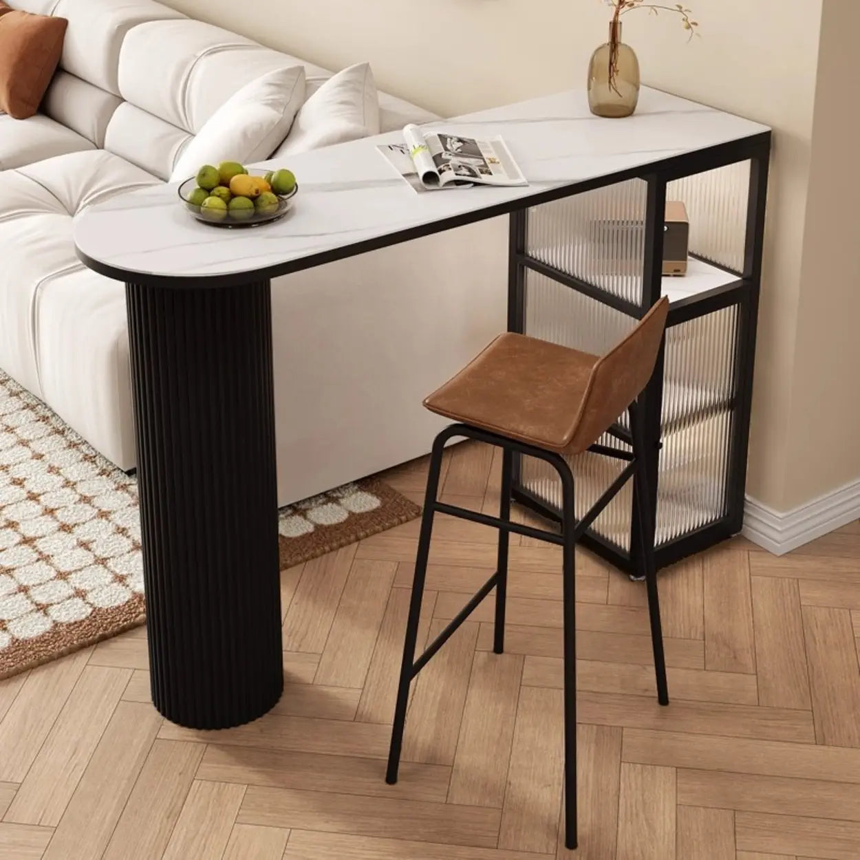 Modern White Stone Black Pedestal Glass Bar Table