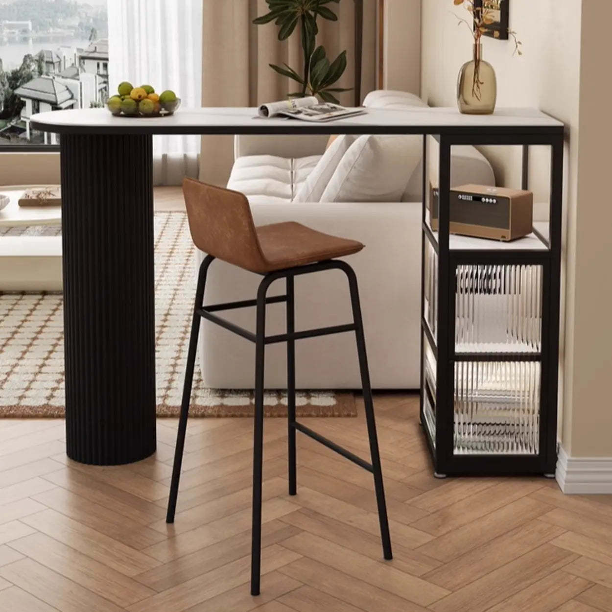 Modern White Stone Black Pedestal Glass Bar Table — Table Only