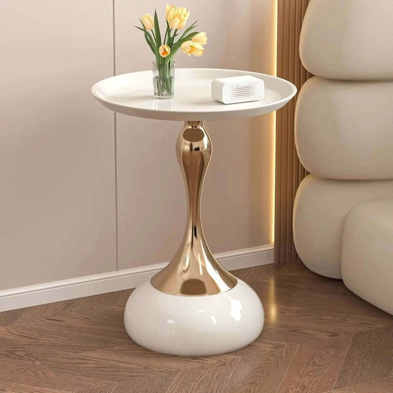 Modern White Metal Tray Pedestal Side Table — Black
