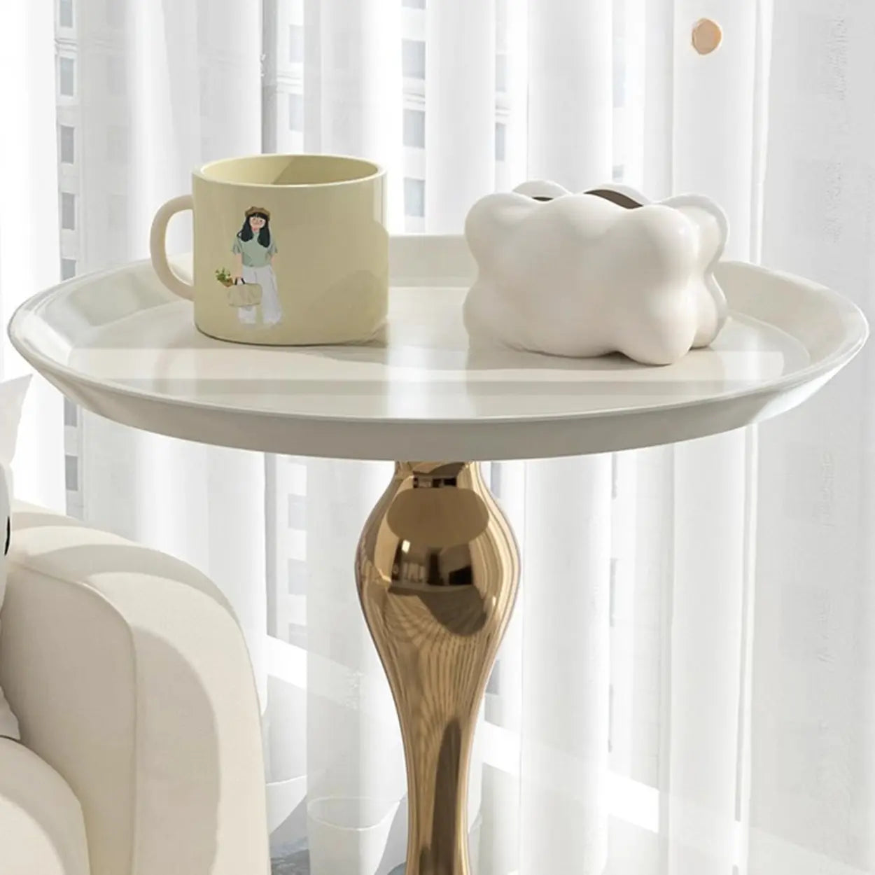 Modern White Metal Tray Pedestal Side Table