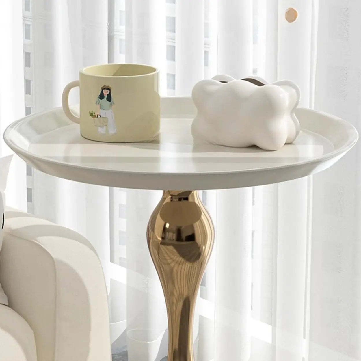 Modern White Metal Tray Pedestal Side Table