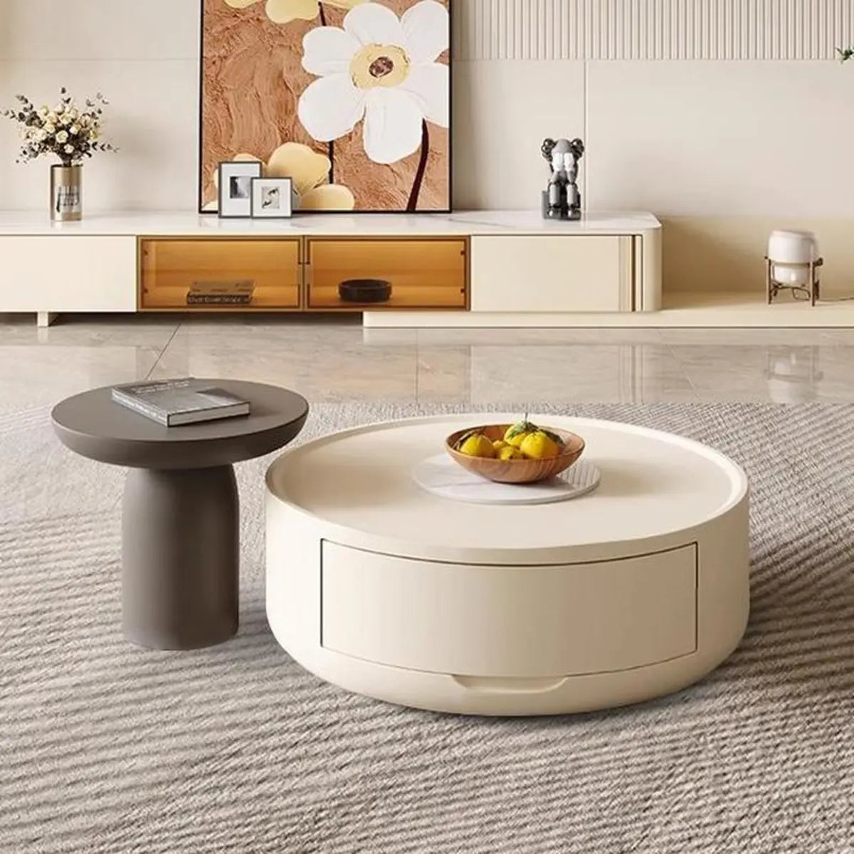 Modern White Wood Round Drum Nested Coffee Table